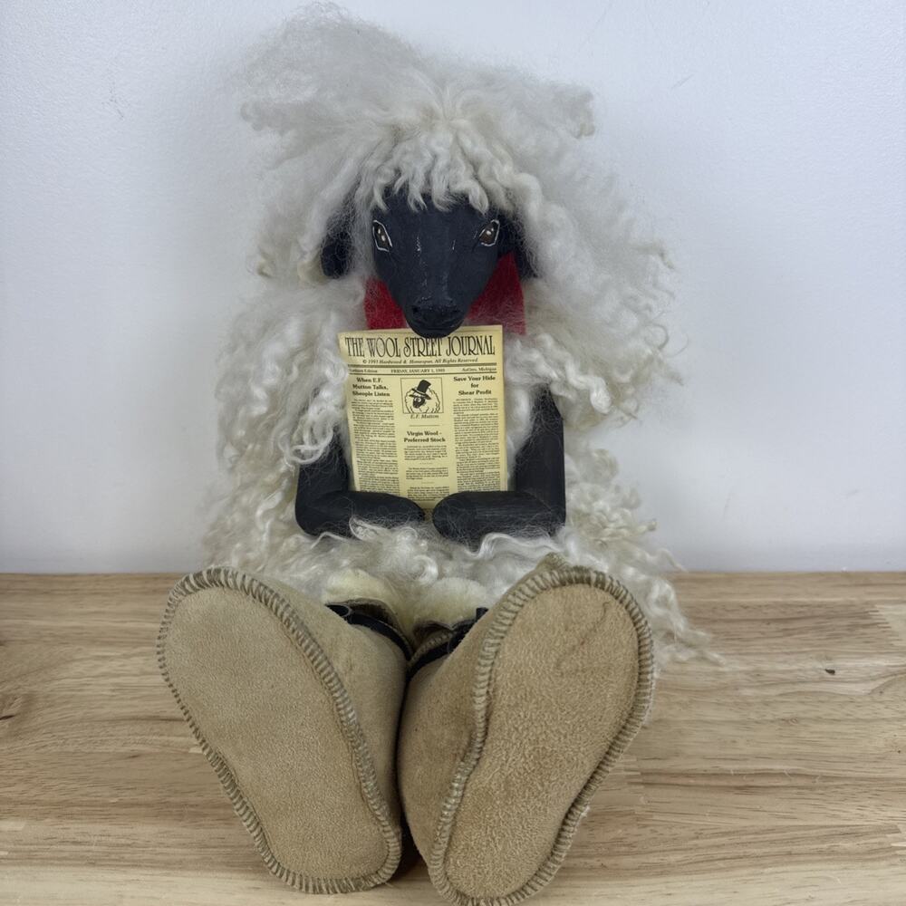 Rare Vintage 18” Wooden Sheep Shelf Sitter Real Wool Hinged Handcrafted Decor